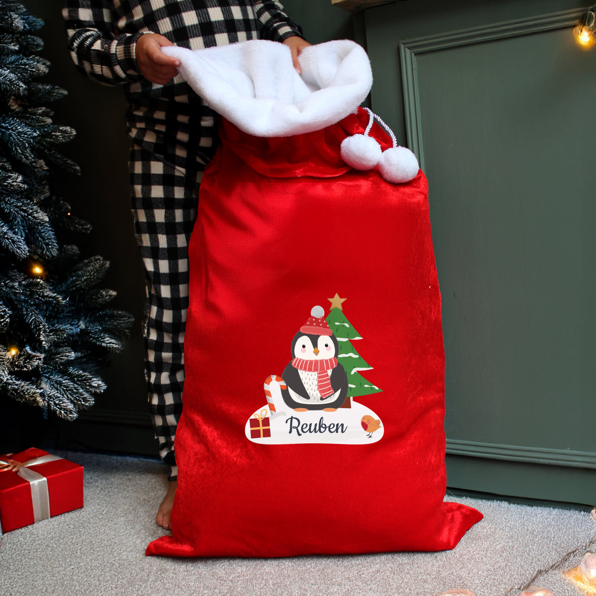 Personalised Christmas Penguin Luxury Pom Pom Red Sack