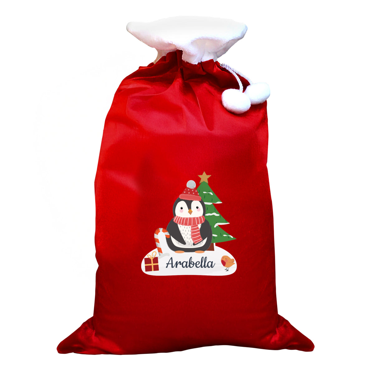 Personalised Christmas Penguin Luxury Pom Pom Red Sack