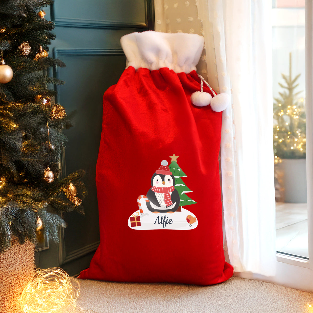 Personalised Christmas Penguin Luxury Pom Pom Red Sack