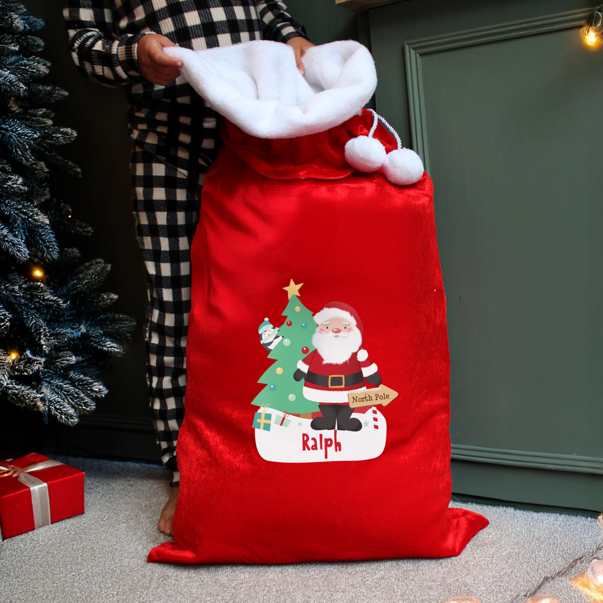Personalised Santa Luxury Pom Pom Red Sack