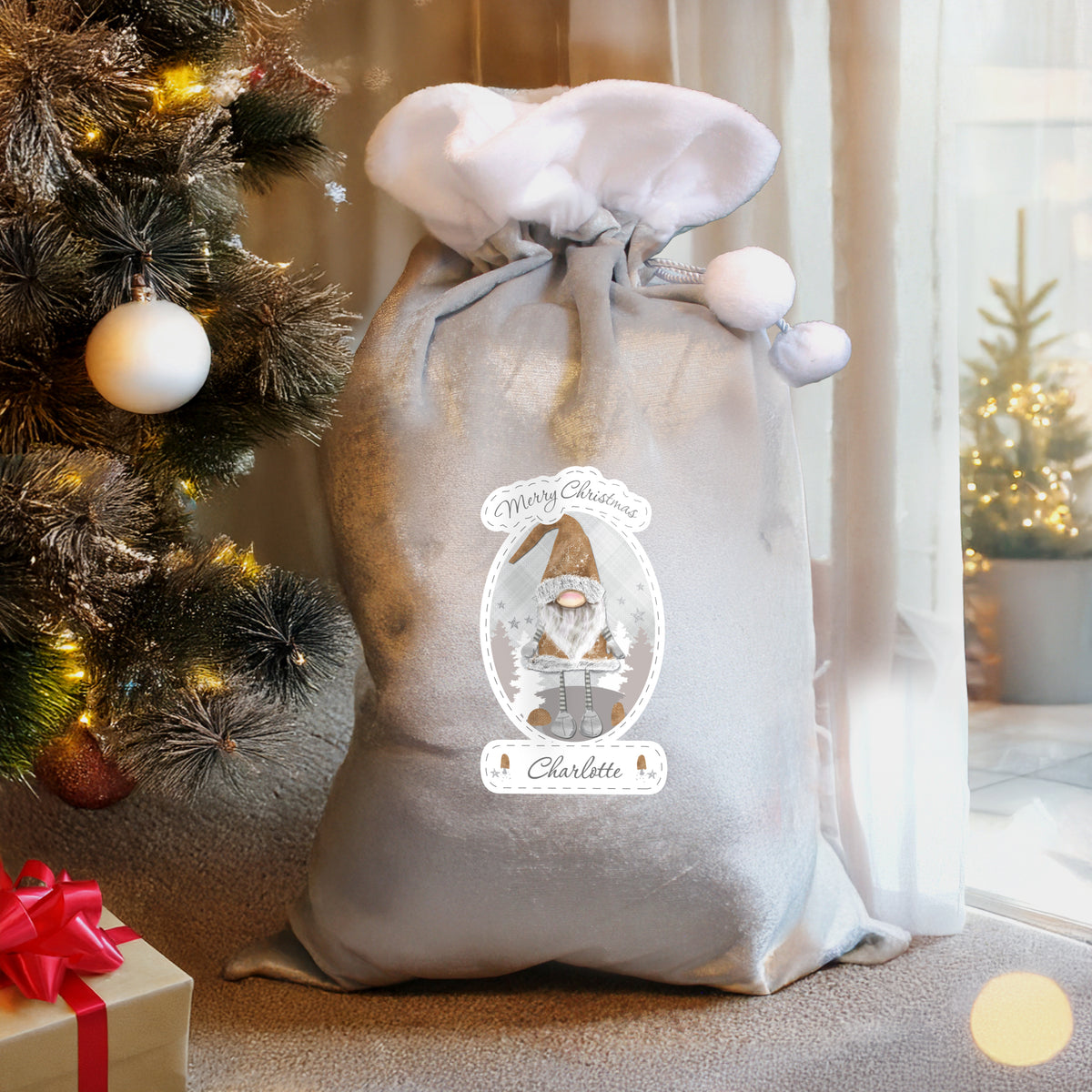 Personalised Christmas Gonk Luxury Silver Grey Pom Pom Sack