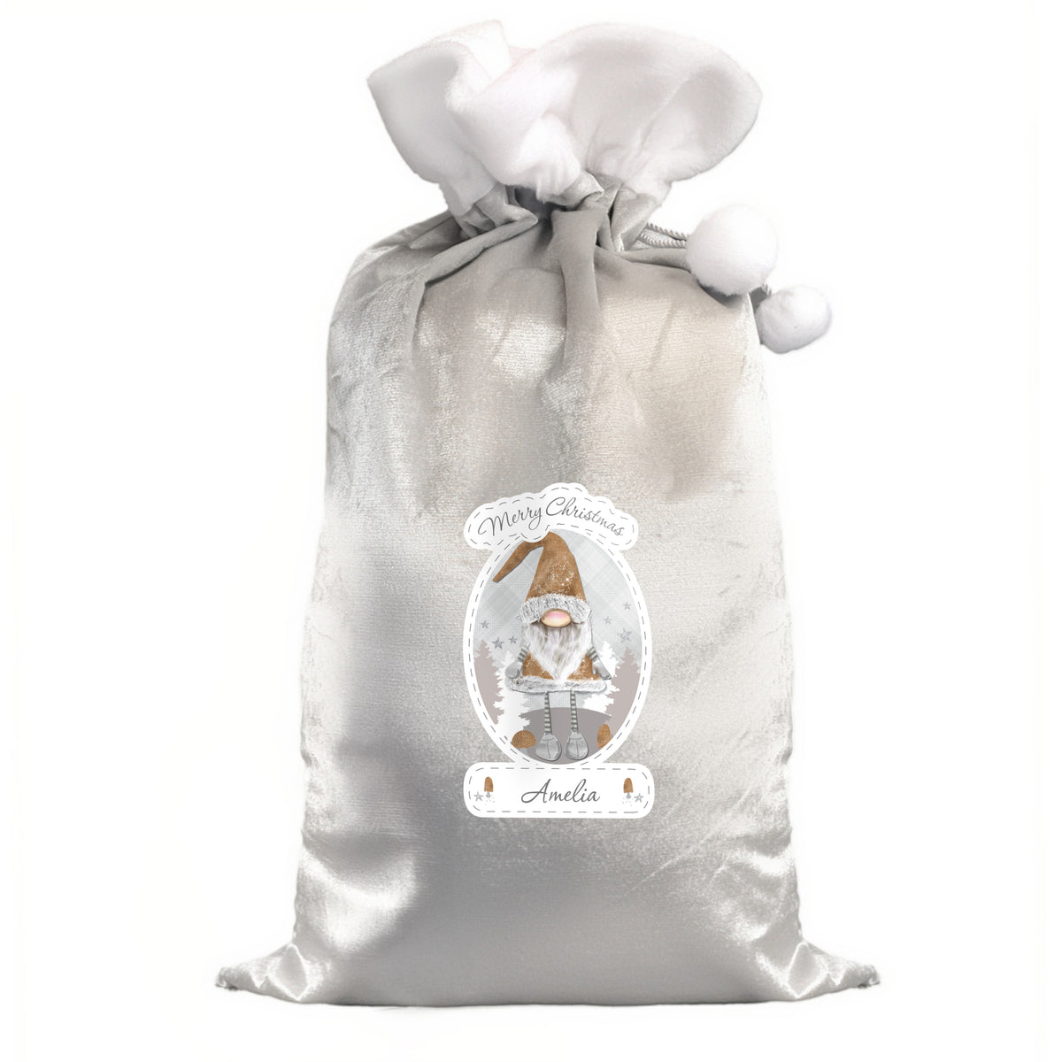 Personalised Christmas Gonk Luxury Silver Grey Pom Pom Sack