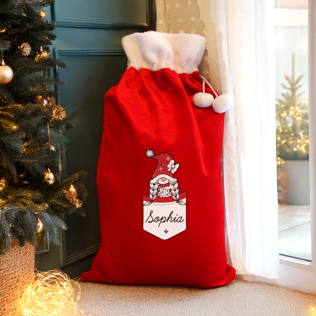 Personalised Gonk Family Red Christmas Sack - Girl
