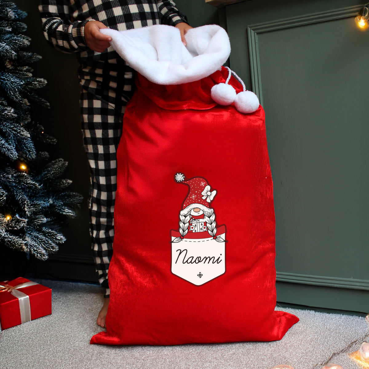 Personalised Gonk Family Red Christmas Sack - Girl