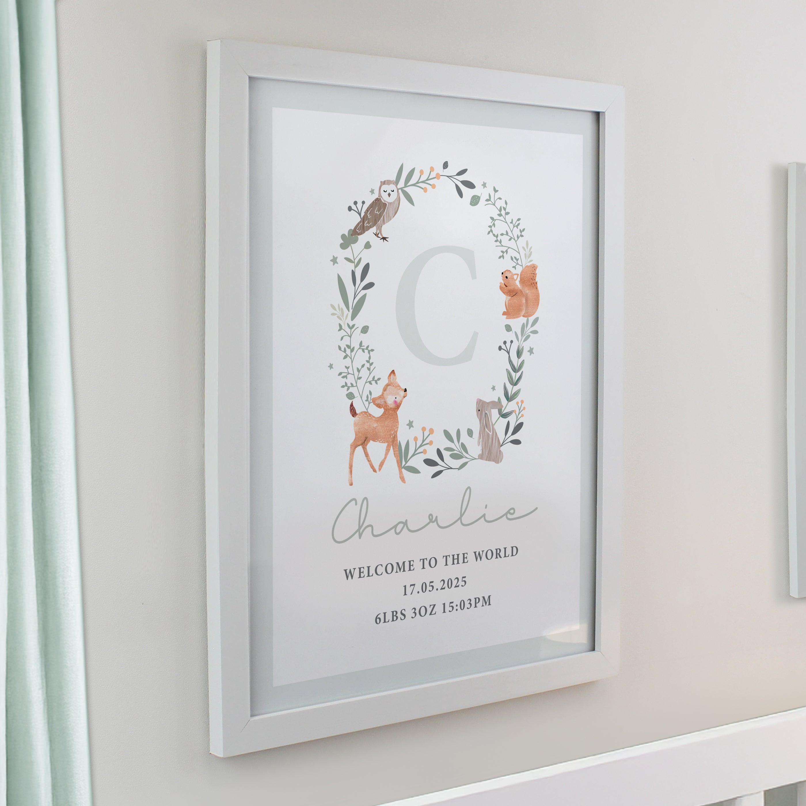 Personalised Woodland Initial White Poster Frame