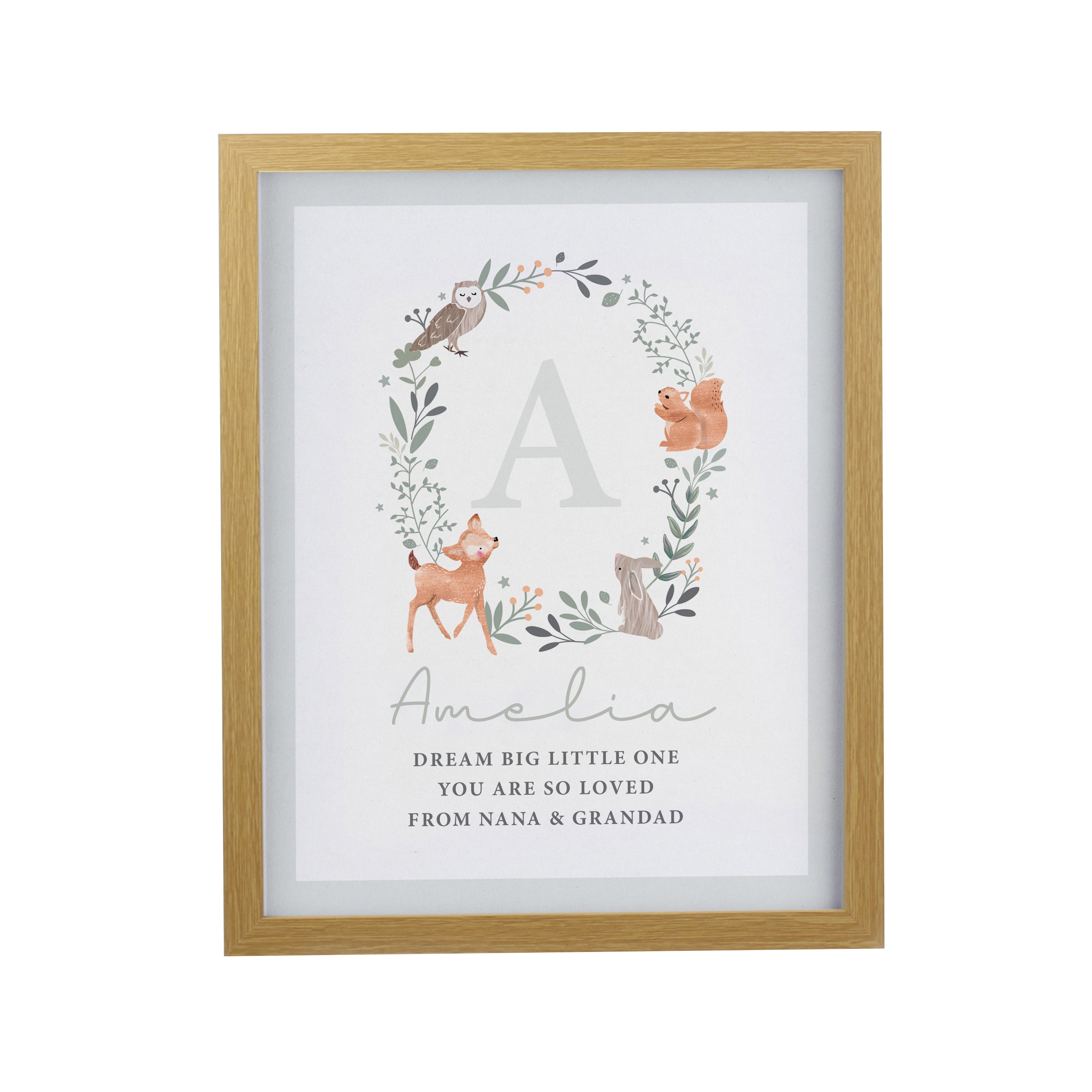 Personalised Woodland Initial Oak Poster Frame