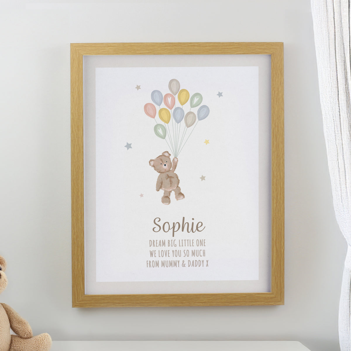 Personalised Teddy Balloon Oak Poster Frame