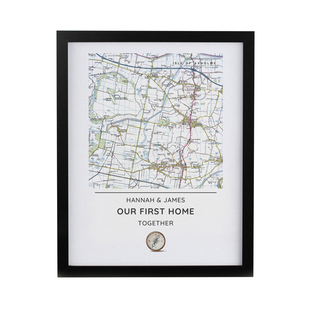 Personalised Present Day Map Compass Black Poster Frame