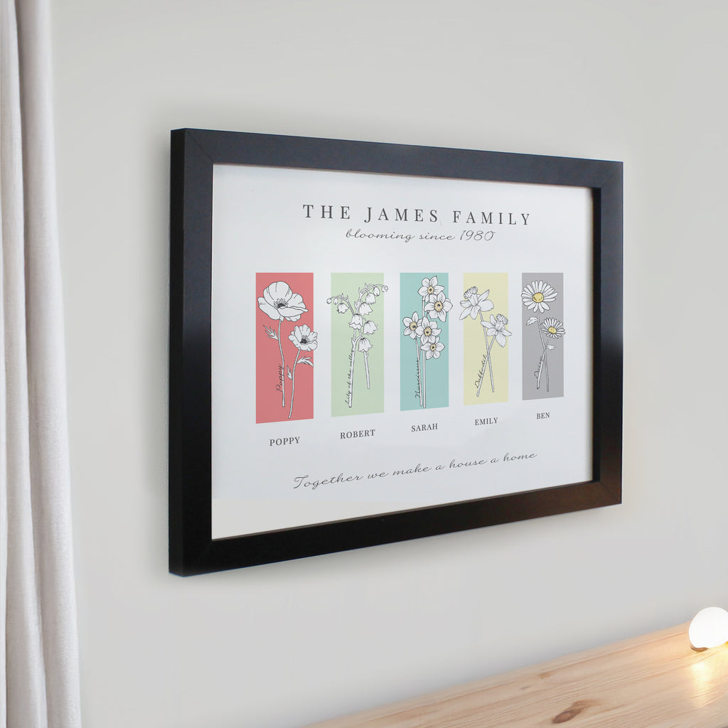 Personalised Birth Flower Family of 5 Black Framed Print