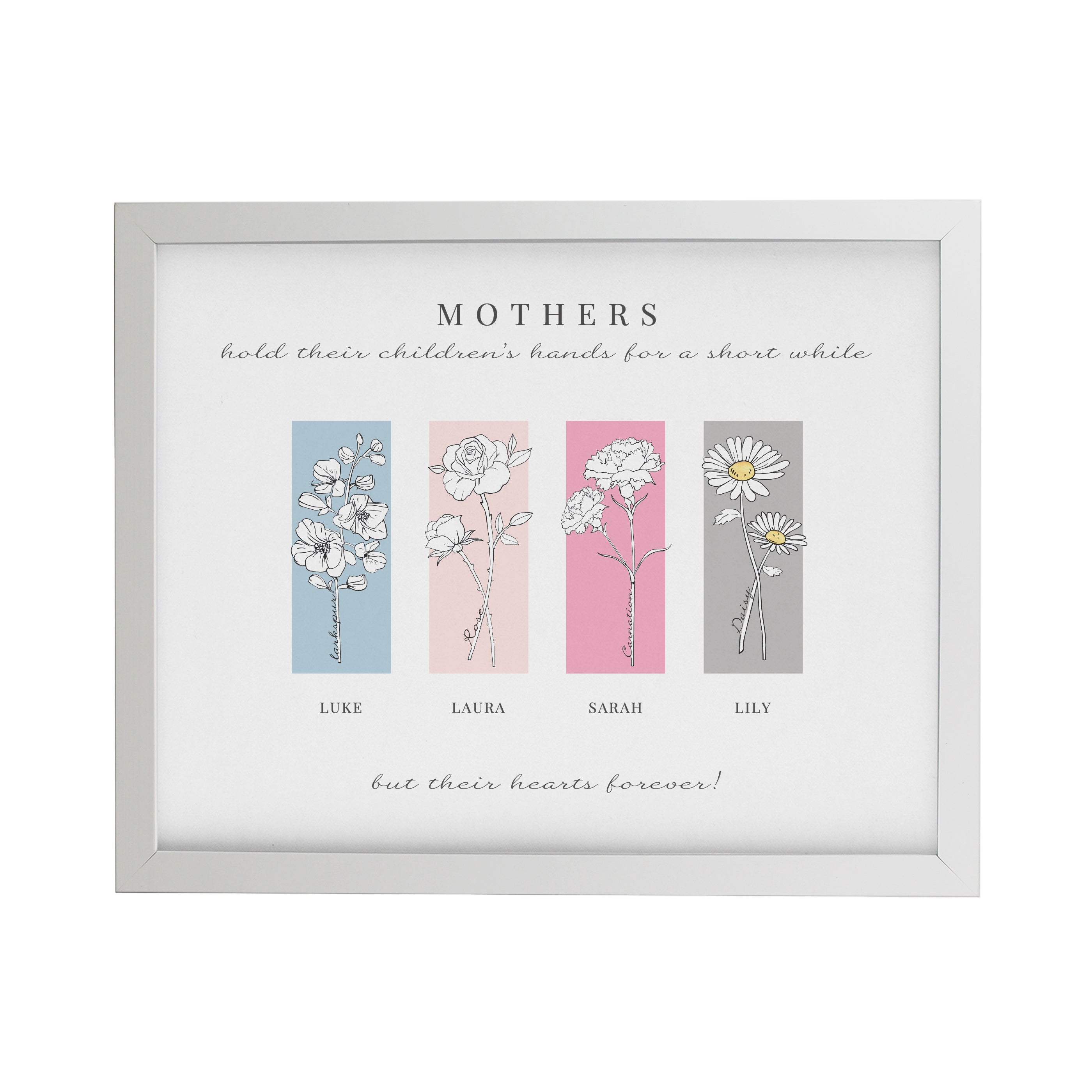 Personalised Birth Flower Family of 4 White Framed Print