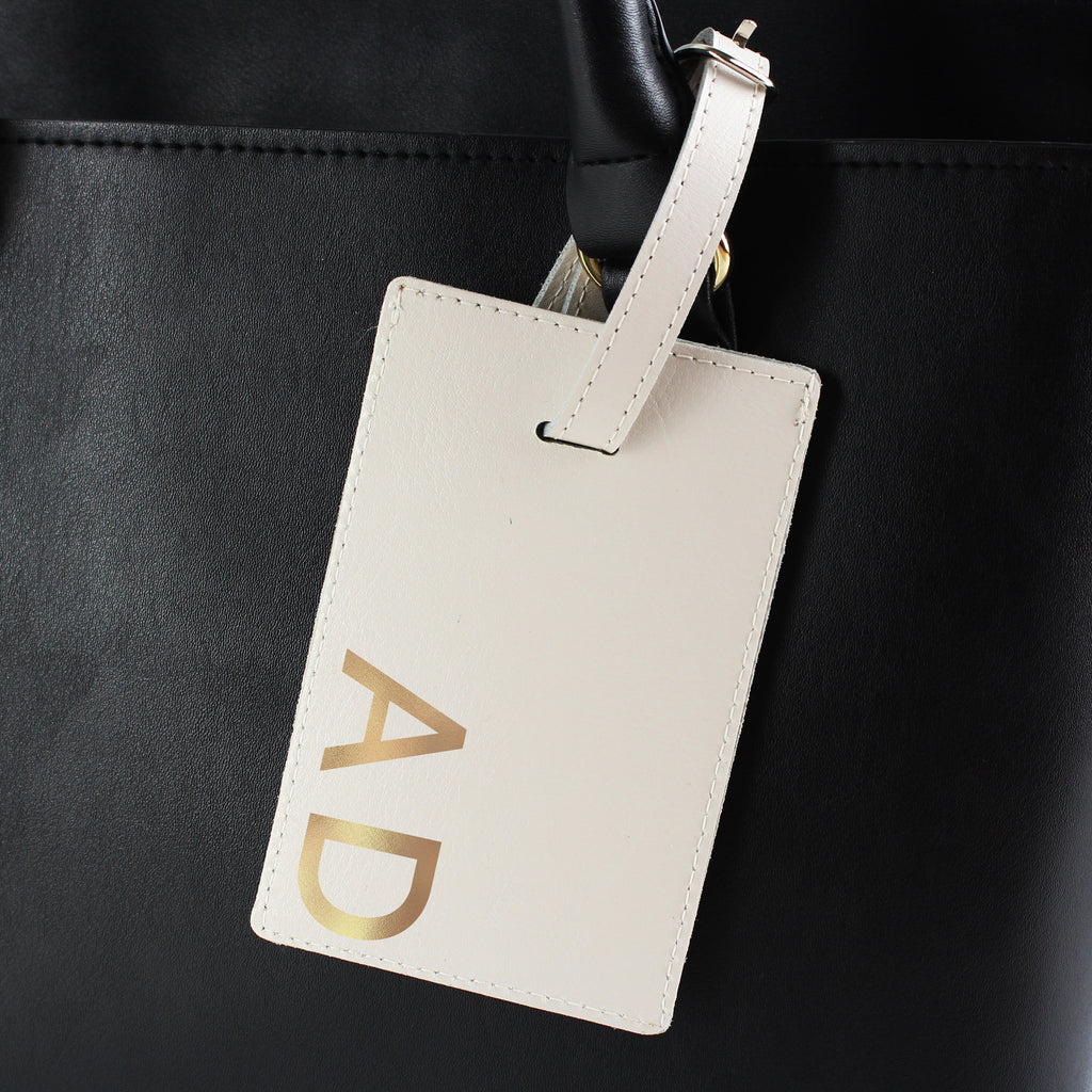 Personalised Gold Initials Cream Leather Luggage Tag