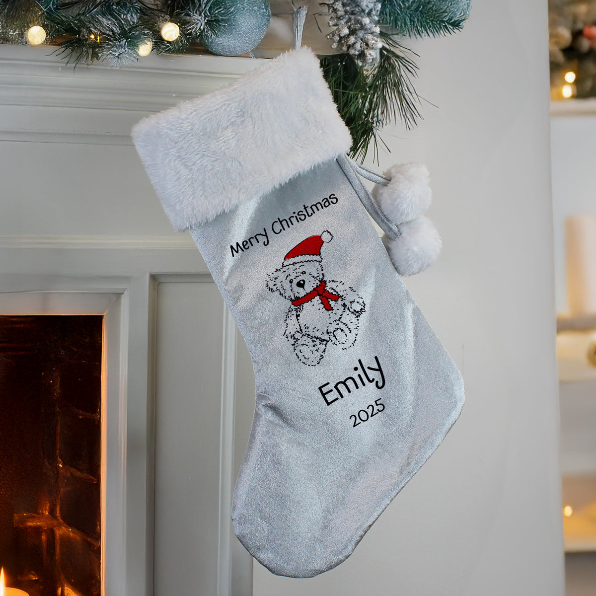 Personalised Christmas Teddy Silver Grey Stocking