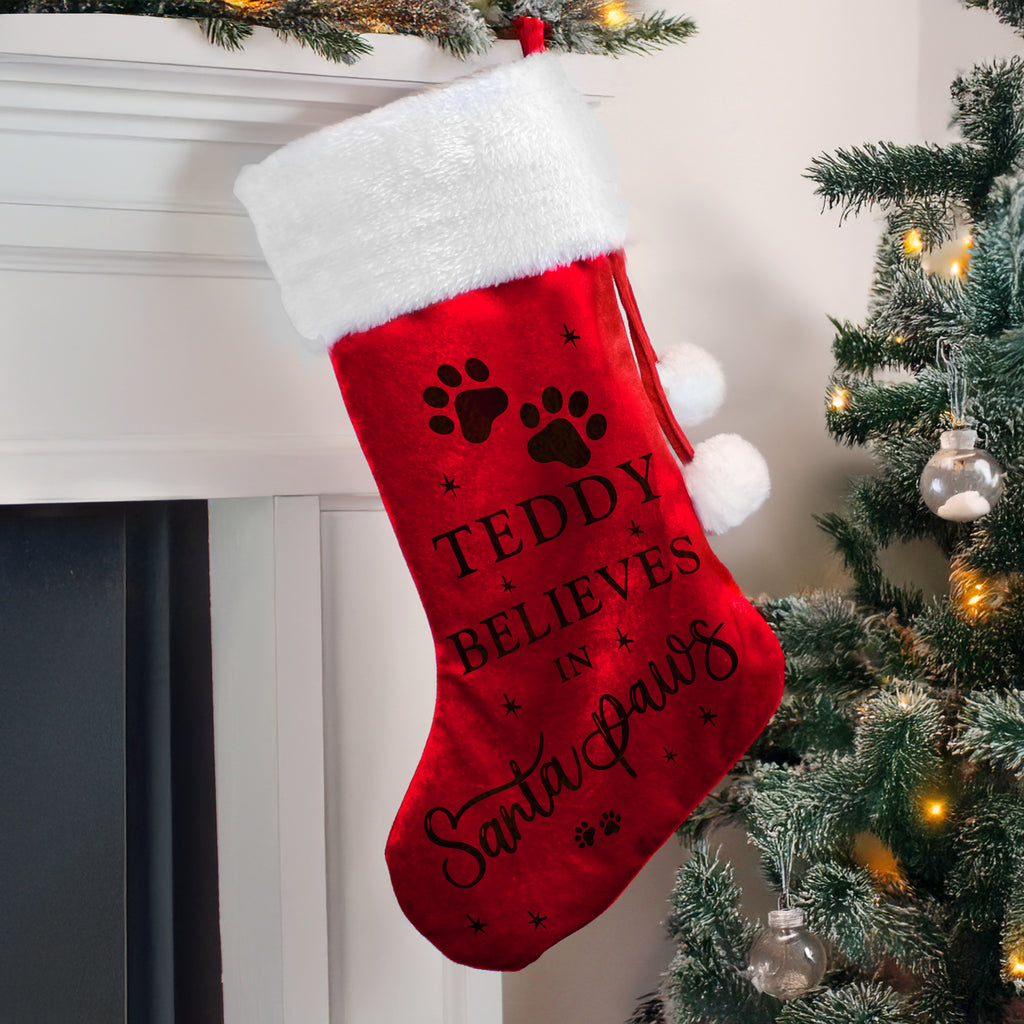 Personalised Santa Paws Christmas Red Stocking
