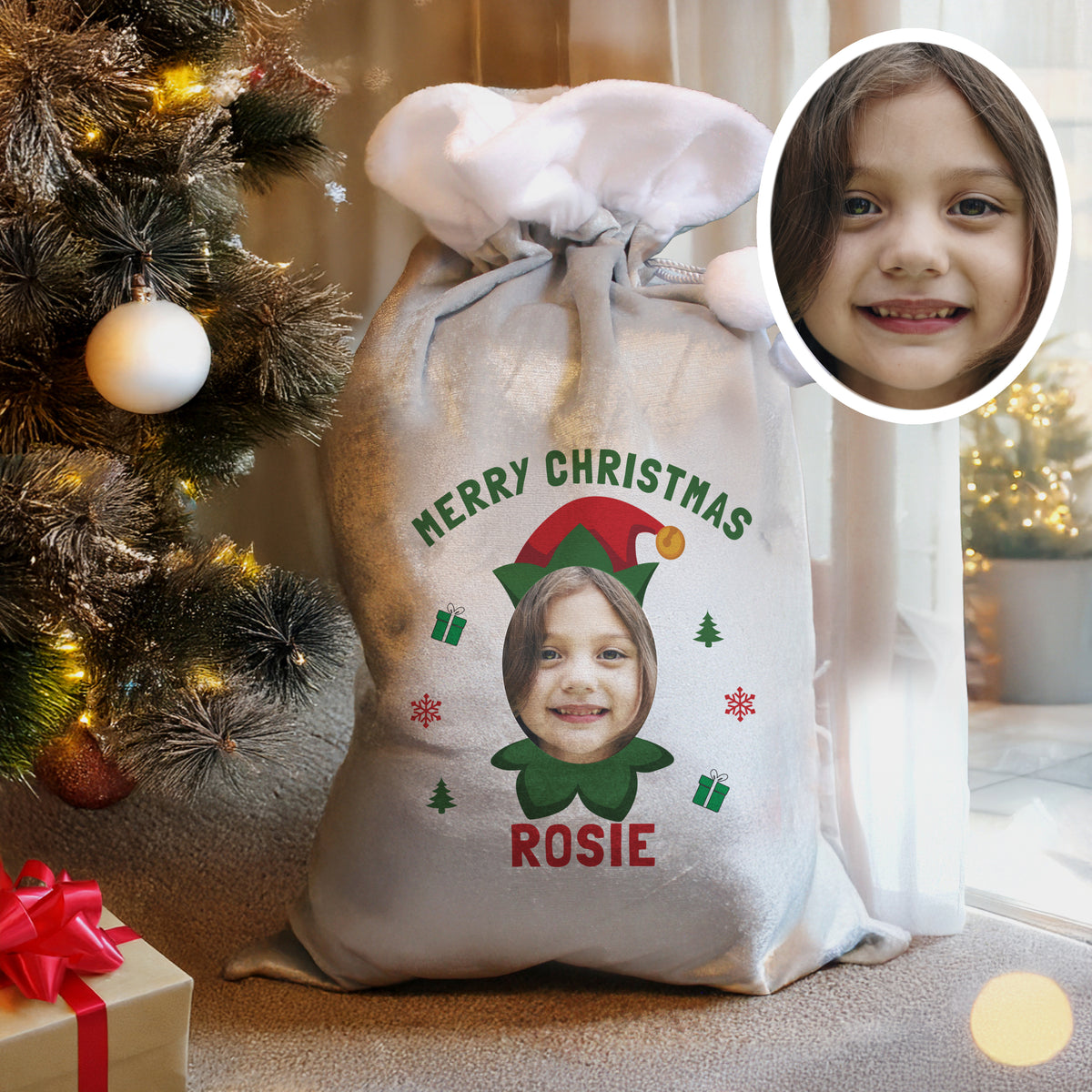 Personalised Photo Upload Elf Christmas Sack