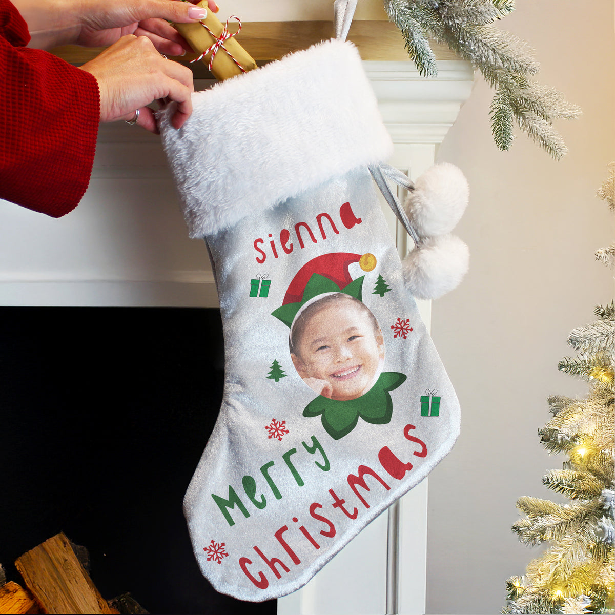 Personalised Photo Upload Elf Christmas Stocking