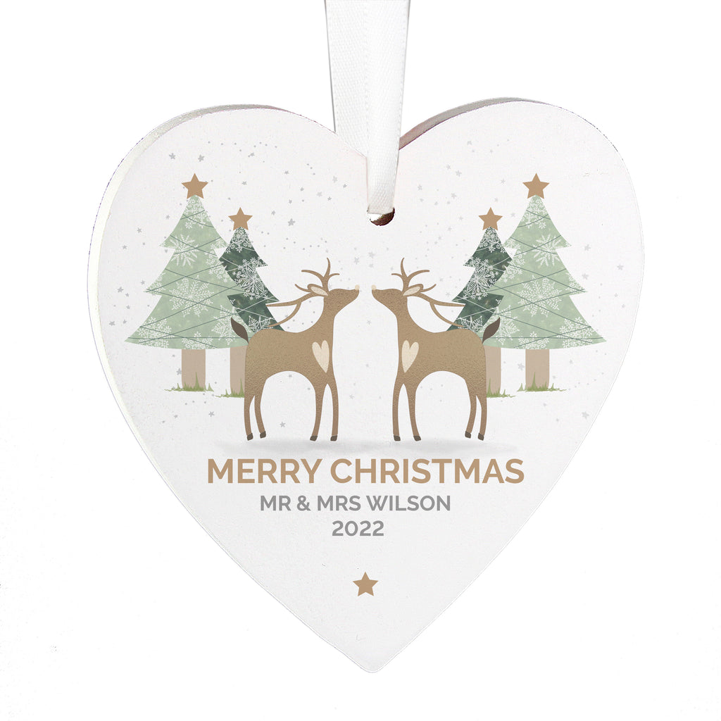 Personalised Reindeer Couple Wooden Heart Decoration