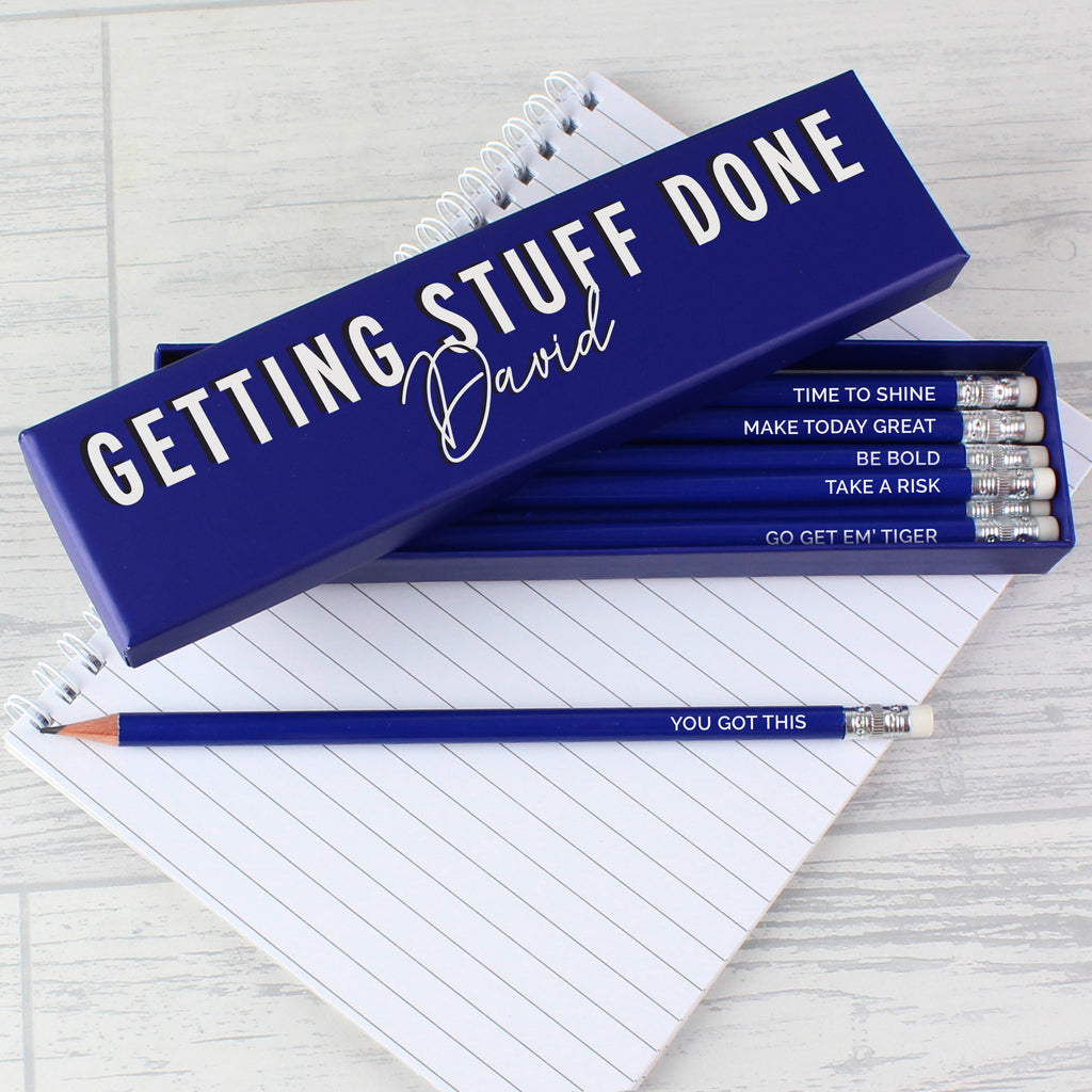 Personalised Getting Stuff Done Box and 12 Blue HB Pencils