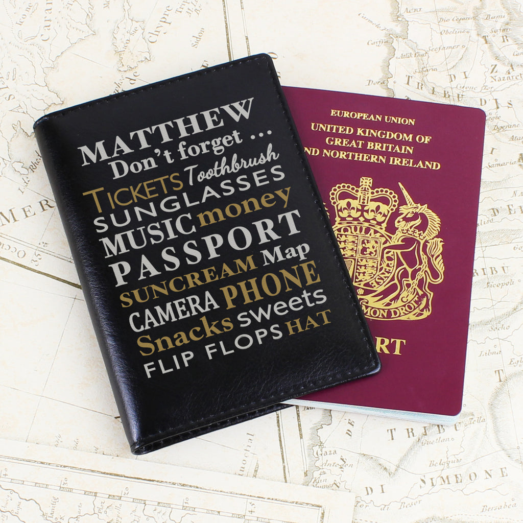 Personalised Dont Forget... Black Leather Passport Holder
