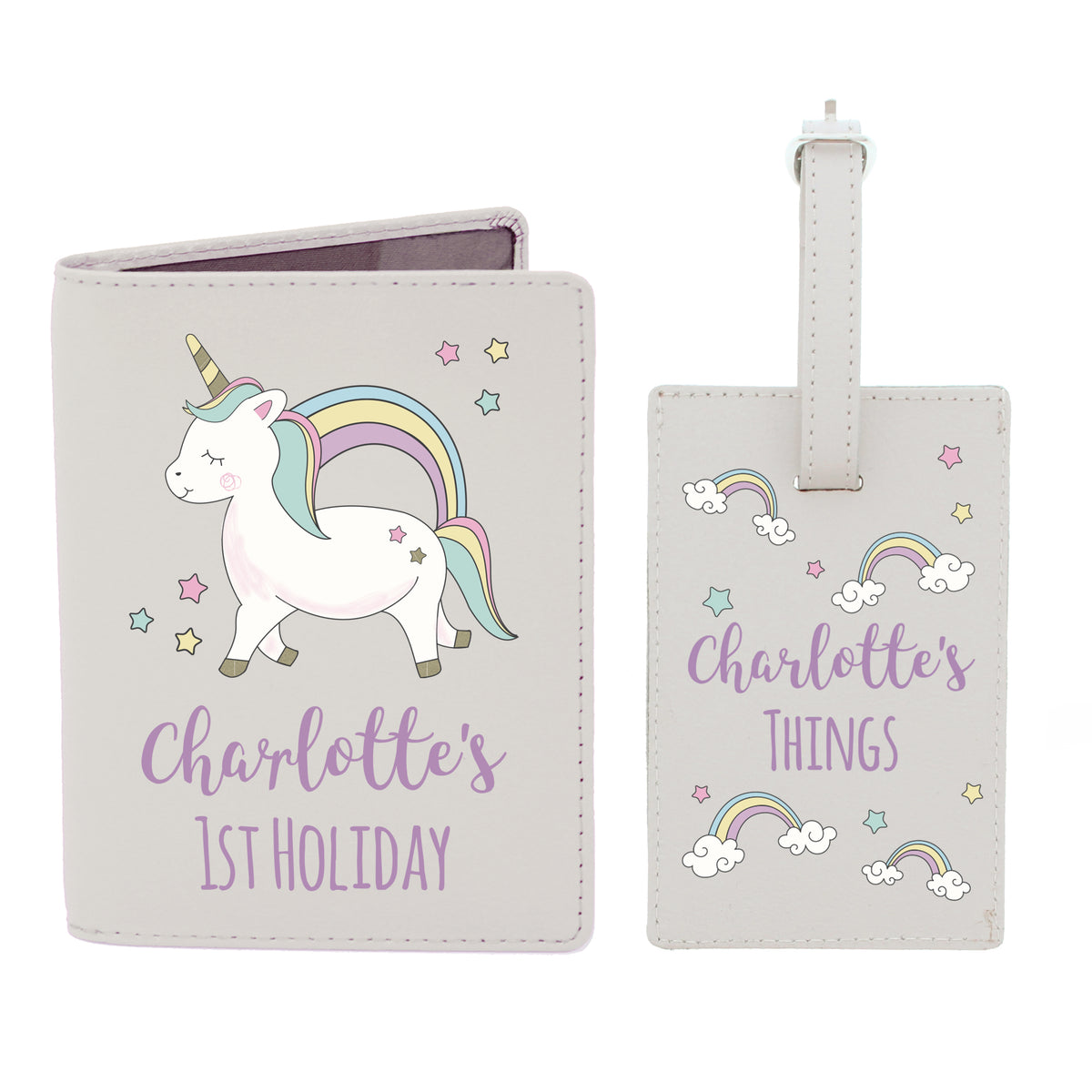Personalised Baby Unicorn Cream Leather Passport Holder & Luggage Tag Set