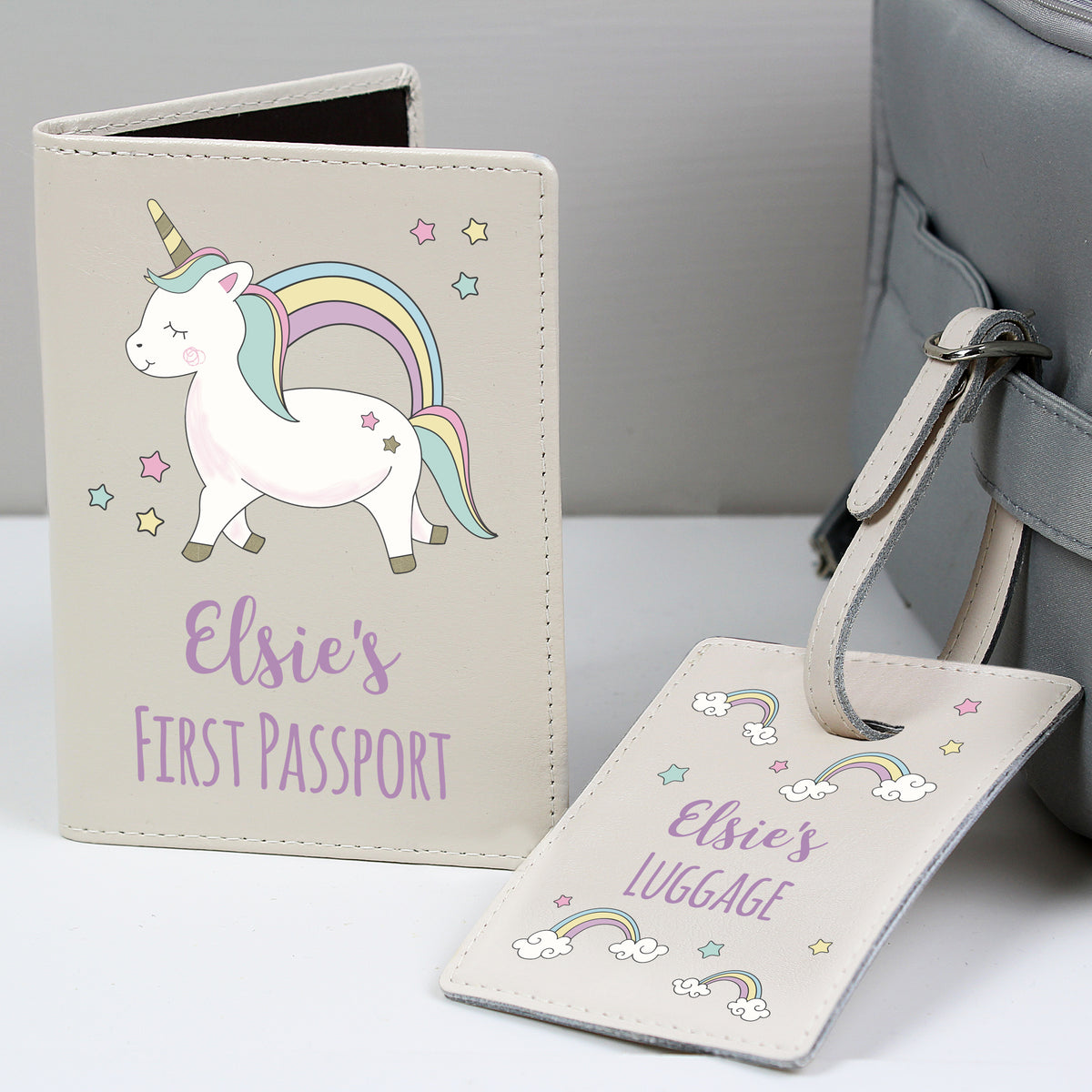 Personalised Baby Unicorn Cream Leather Passport Holder & Luggage Tag Set