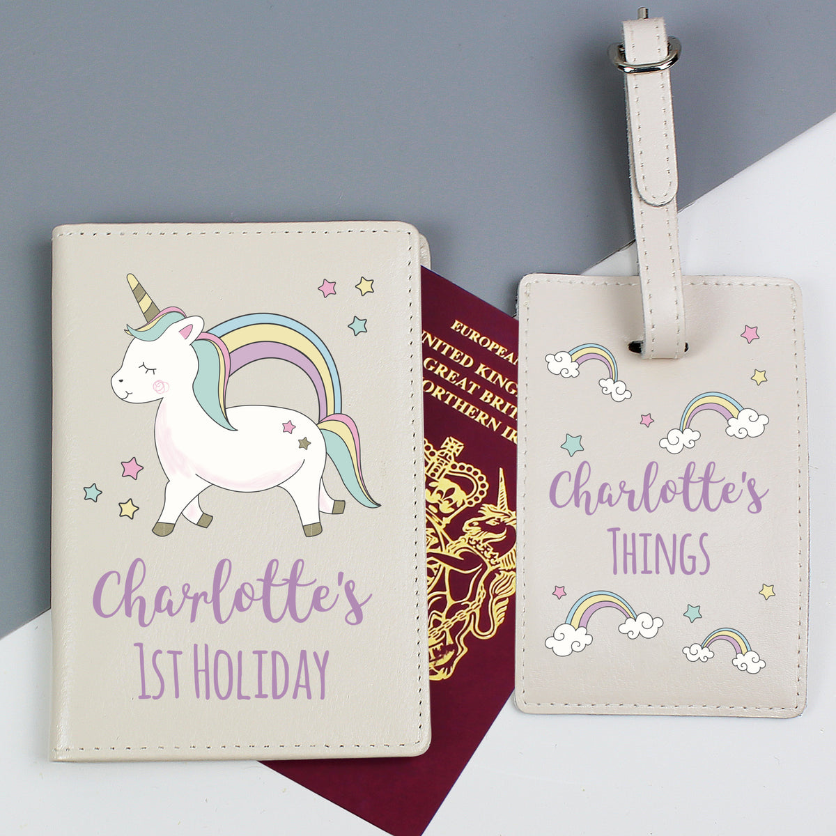 Personalised Baby Unicorn Cream Leather Passport Holder & Luggage Tag Set