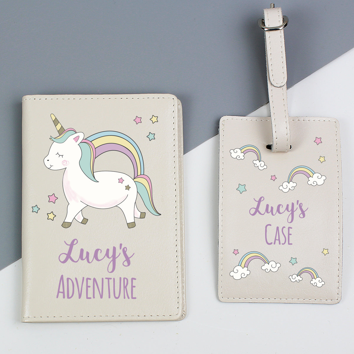 Personalised Baby Unicorn Cream Leather Passport Holder & Luggage Tag Set