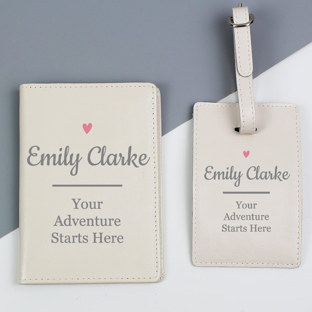 Personalised Pink Heart Cream Leather Passport Holder & Luggage Tag Set