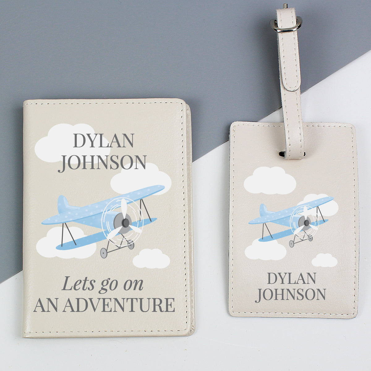 Personalised Blue Plane Leather Passport Holder & Luggage Tag Set