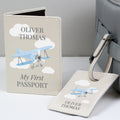 Personalised Blue Plane Leather Passport Holder & Luggage Tag Set