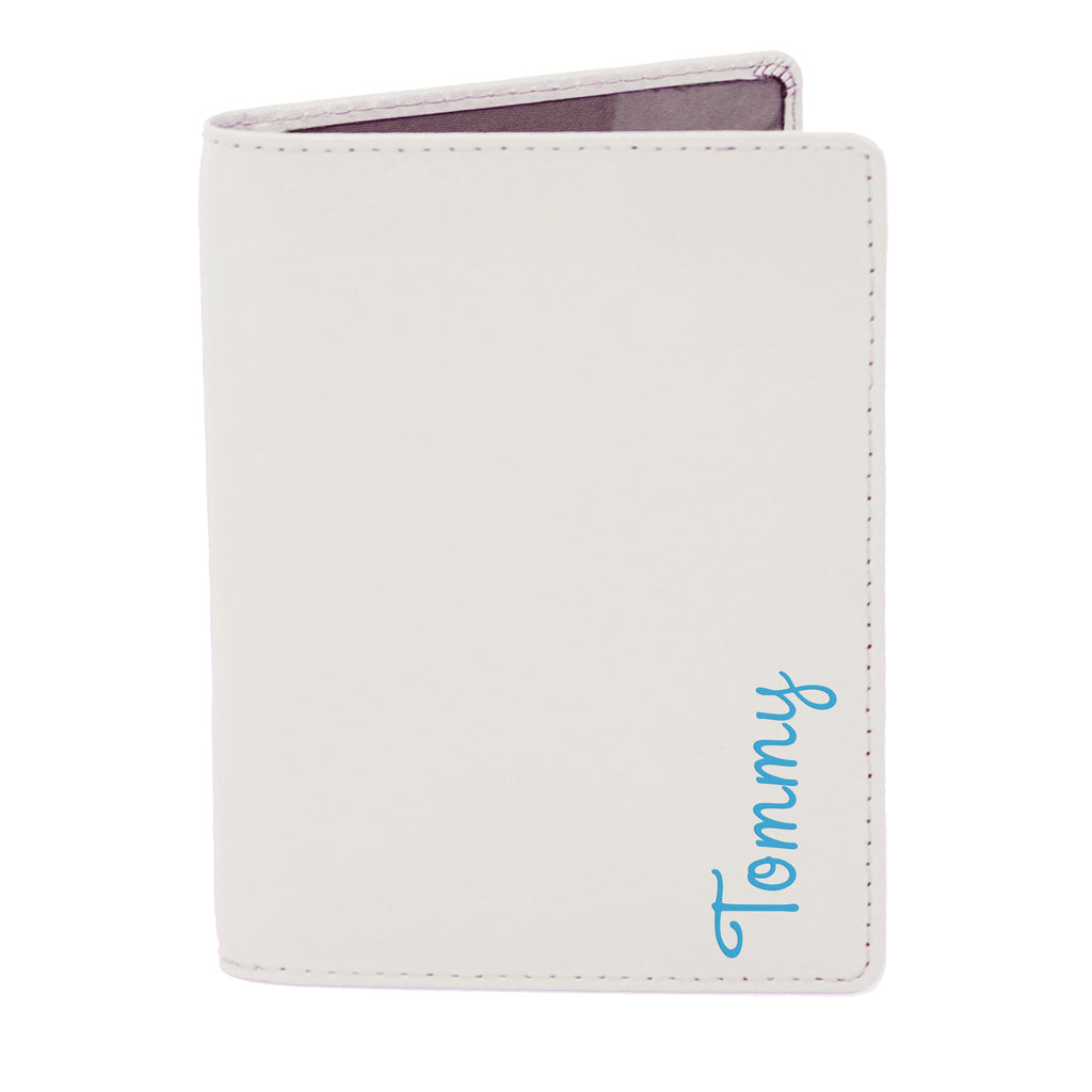 Personalised Blue Name Cream Leather Passport Holder