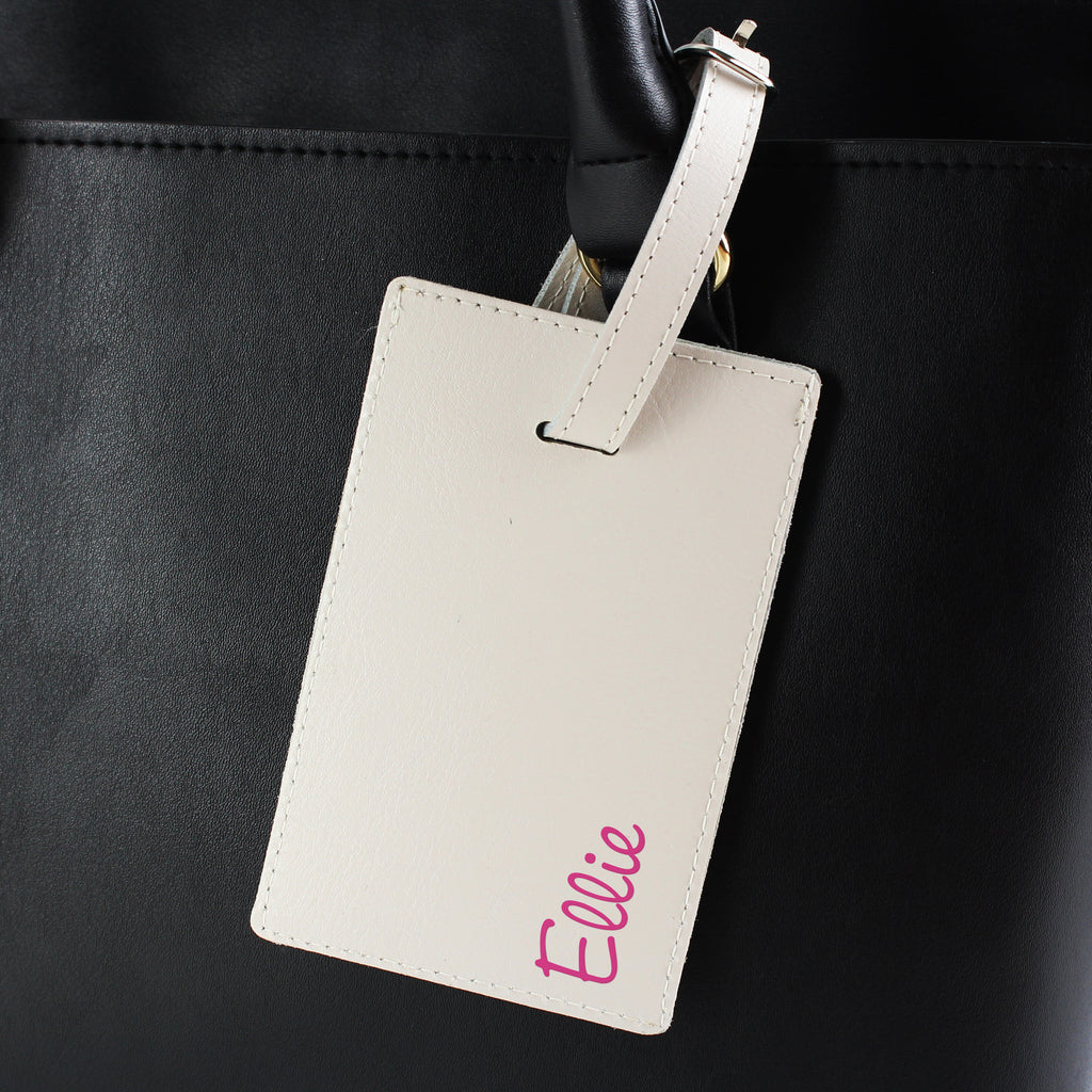 Personalised Pink Name Cream Leather Luggage Tag