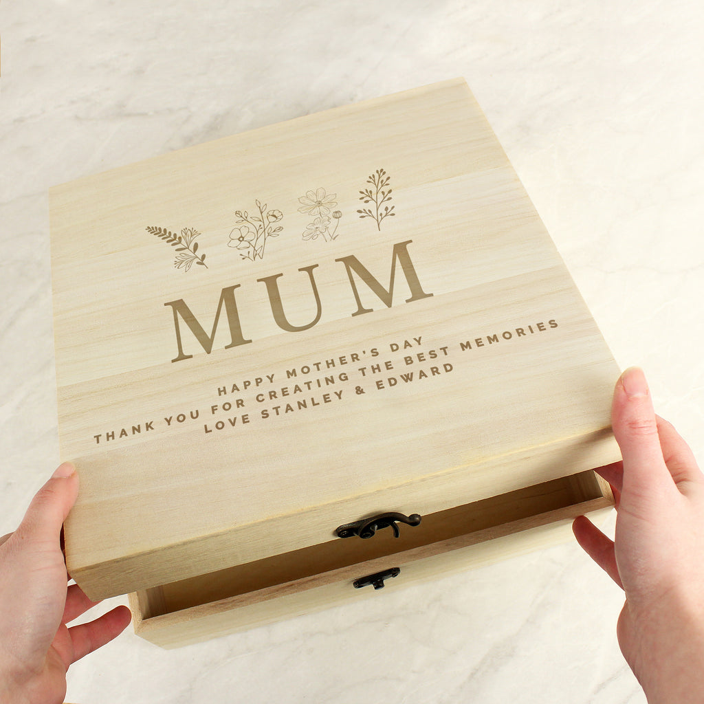 Personalised Engraved Floral Wooden Keepsake Box