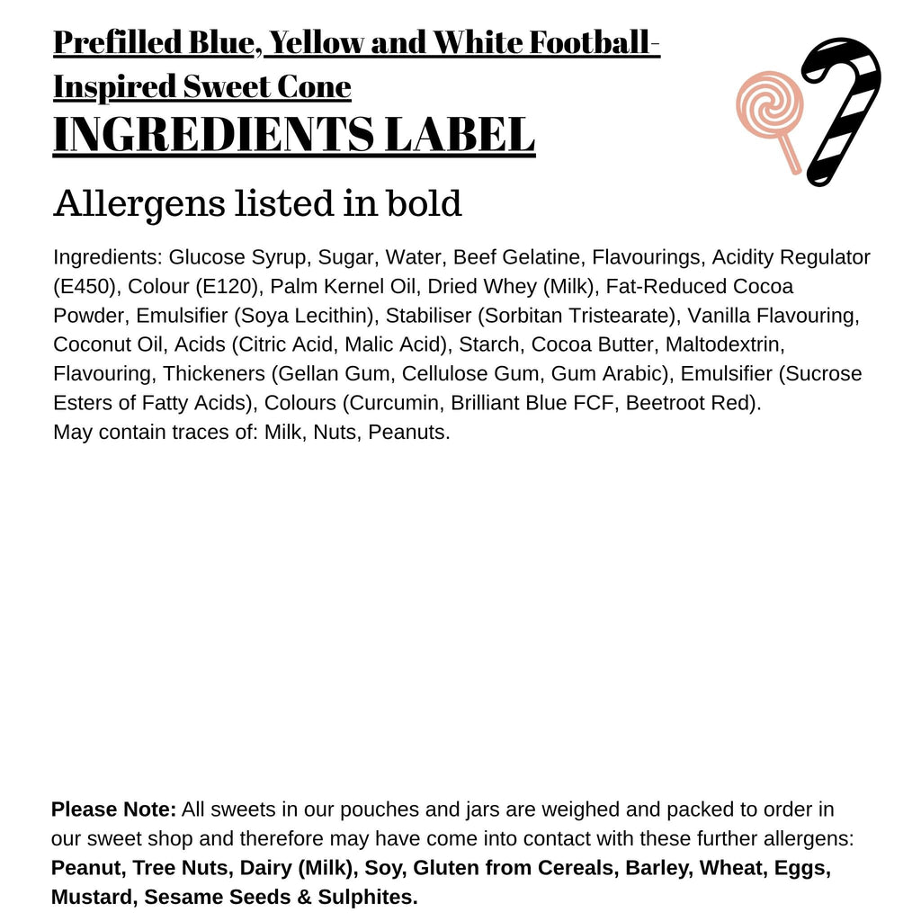Prefilled Blue, Yellow and White Football-Inspired Sweet Cone