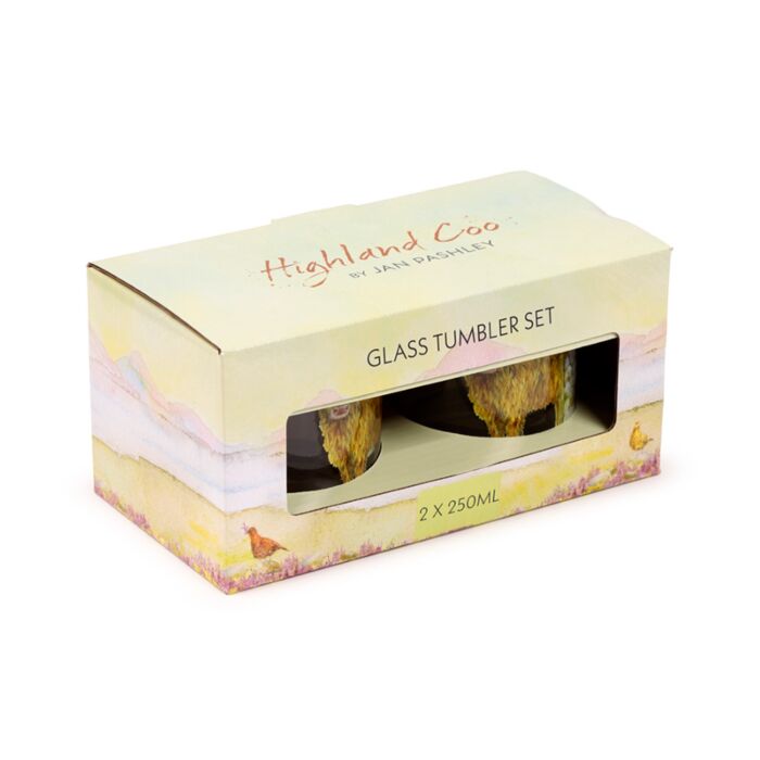 Glass Tumbler Set of 2 250ml - Jan Pashley Highland Coo Cow