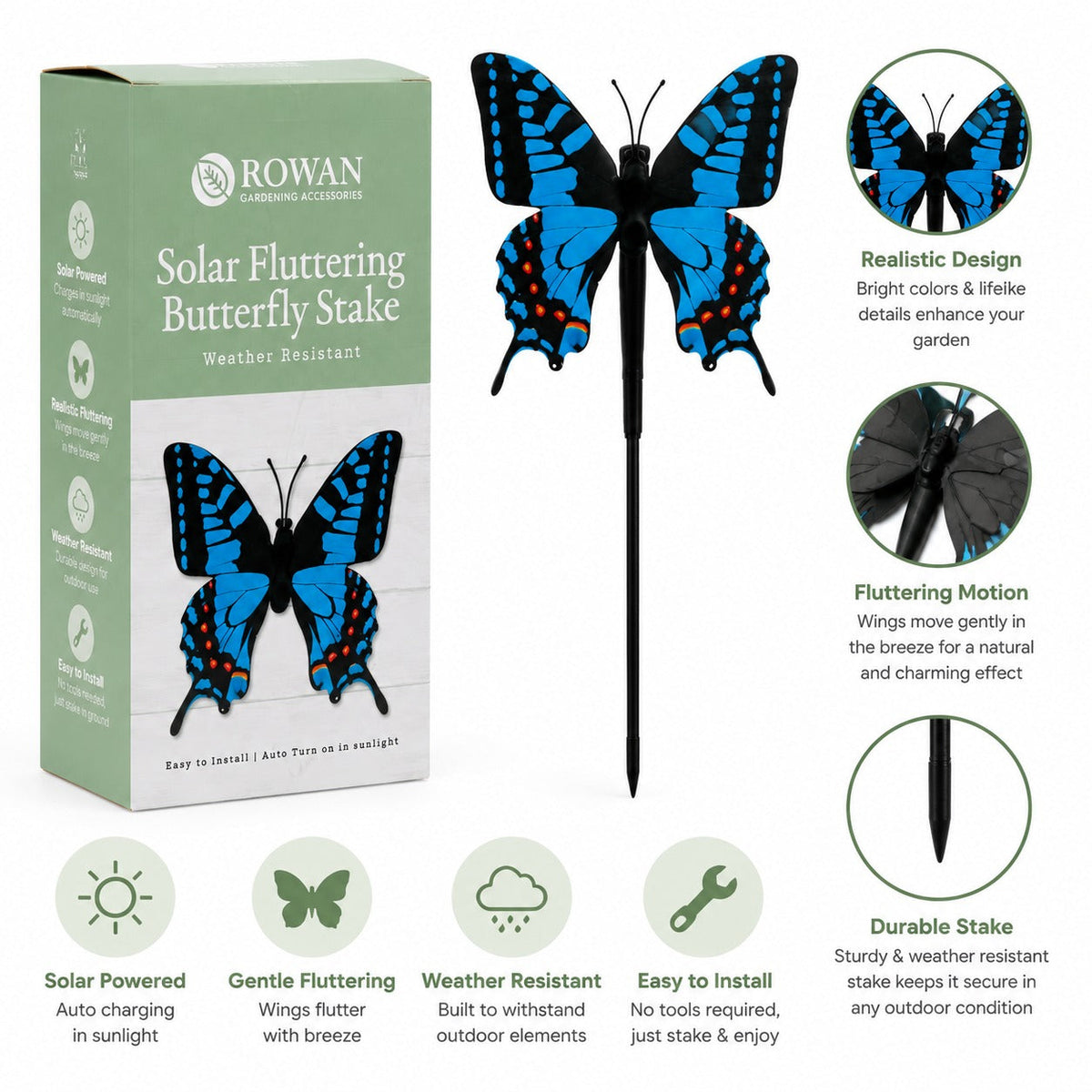 Rowan Solar Fluttering Butterfly Stake – Weather Resistant Garden Decoration