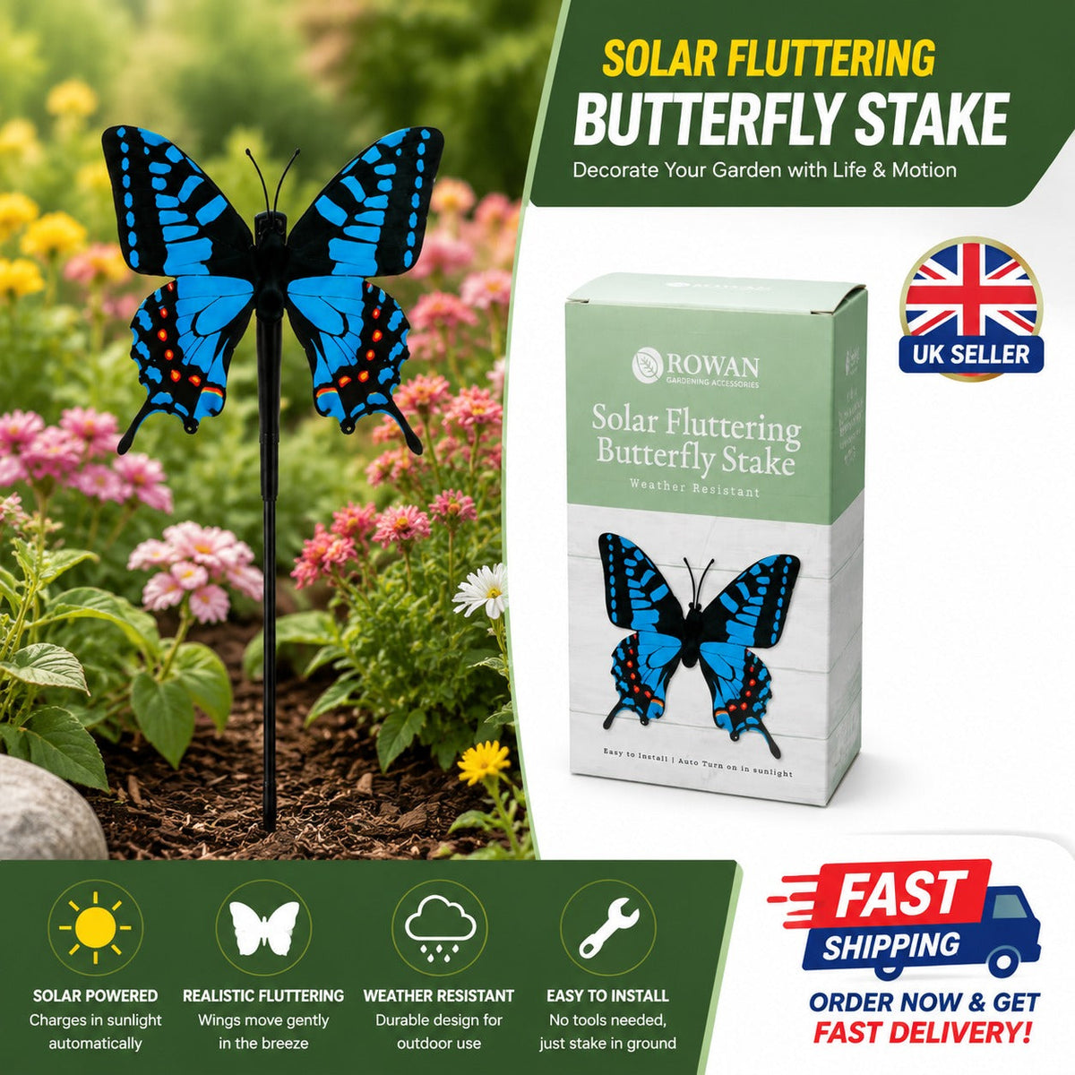 Rowan Solar Fluttering Butterfly Stake – Weather Resistant Garden Decoration