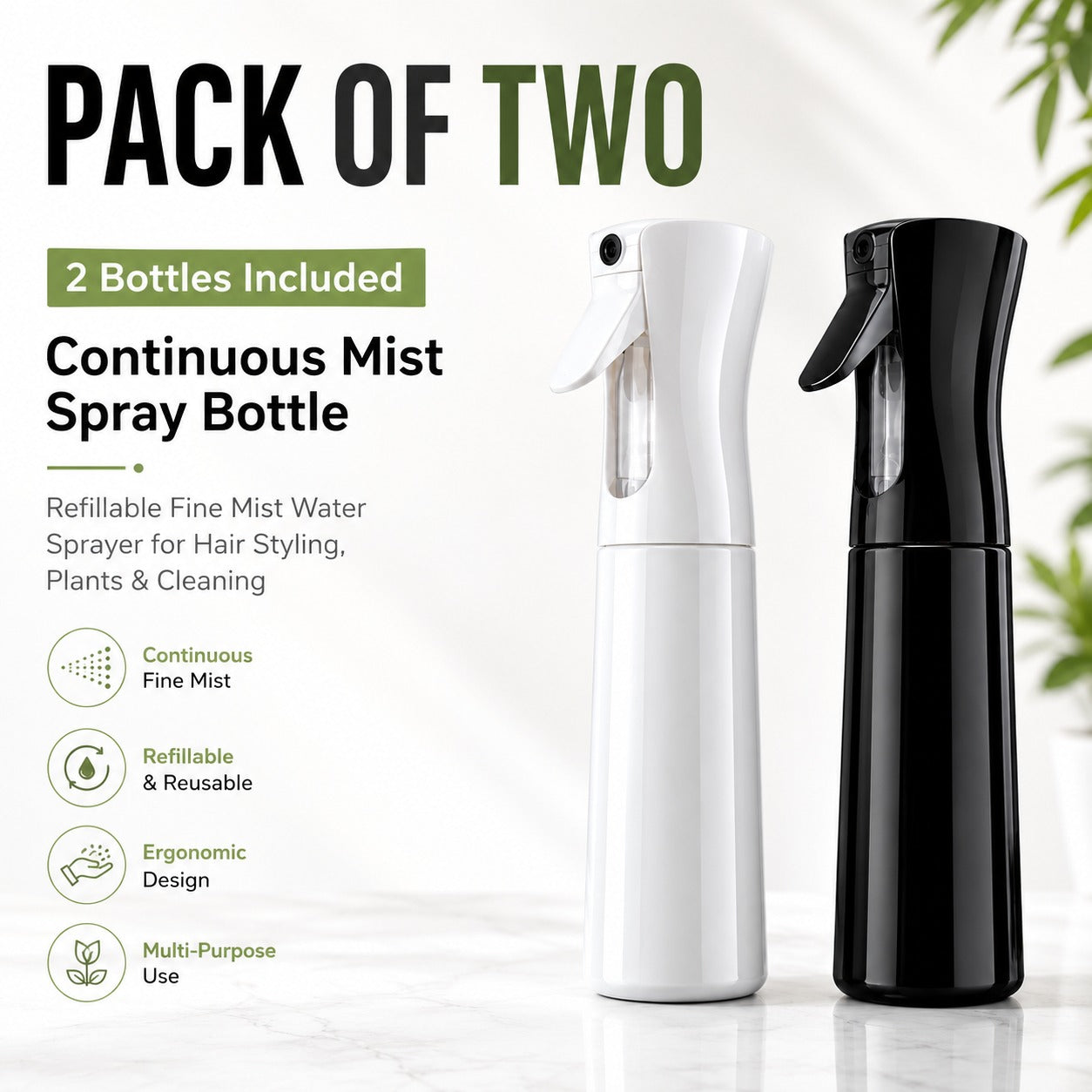 Pack of 2 Continuous Mist Spray Bottles White & Black