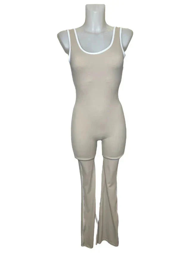 Flared Open Back Jumpsuit with Push-up Butt & Contrast Details