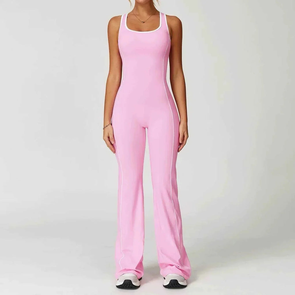 Flared Open Back Jumpsuit with Push-up Butt & Contrast Details