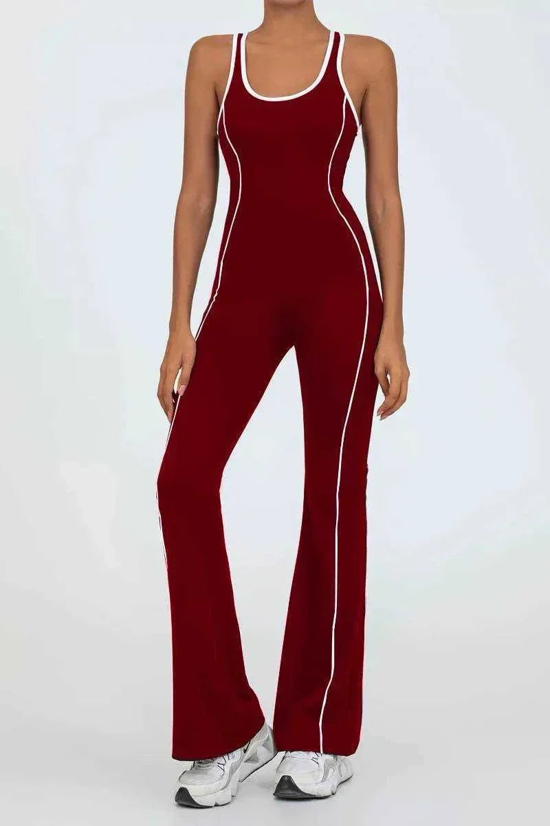 Flared Open Back Jumpsuit with Push-up Butt & Contrast Details
