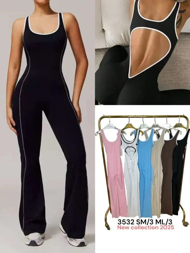 Flared Open Back Jumpsuit with Push-up Butt & Contrast Details