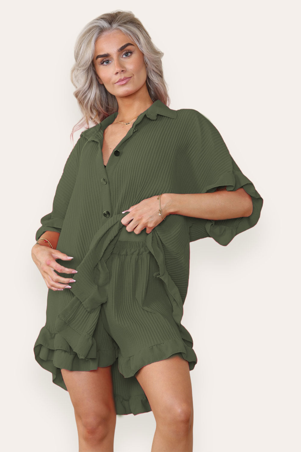 Women’s Casual Oversized Gold Button Pleated Frilled Ruffle Short Sleeves Shirt Top and Short Co-Ord Set