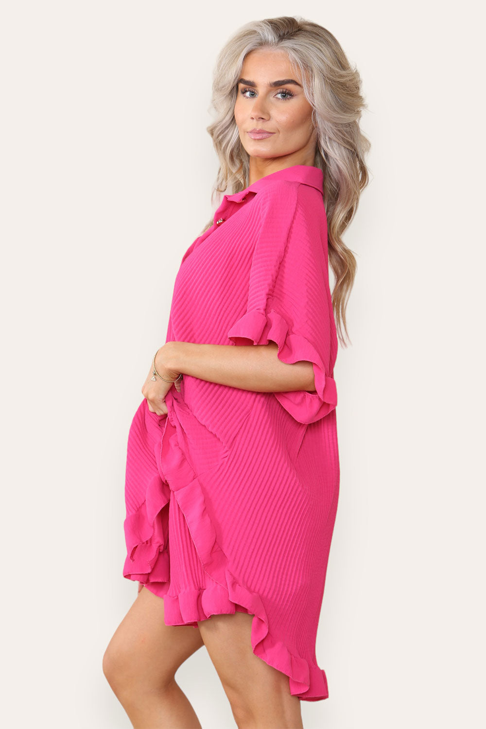 Women’s Casual Oversized Gold Button Pleated Frilled Ruffle Short Sleeves Shirt Top and Short Co-Ord Set