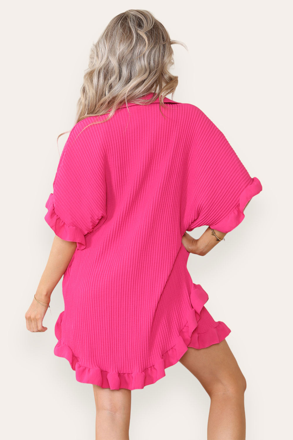 Women’s Casual Oversized Gold Button Pleated Frilled Ruffle Short Sleeves Shirt Top and Short Co-Ord Set