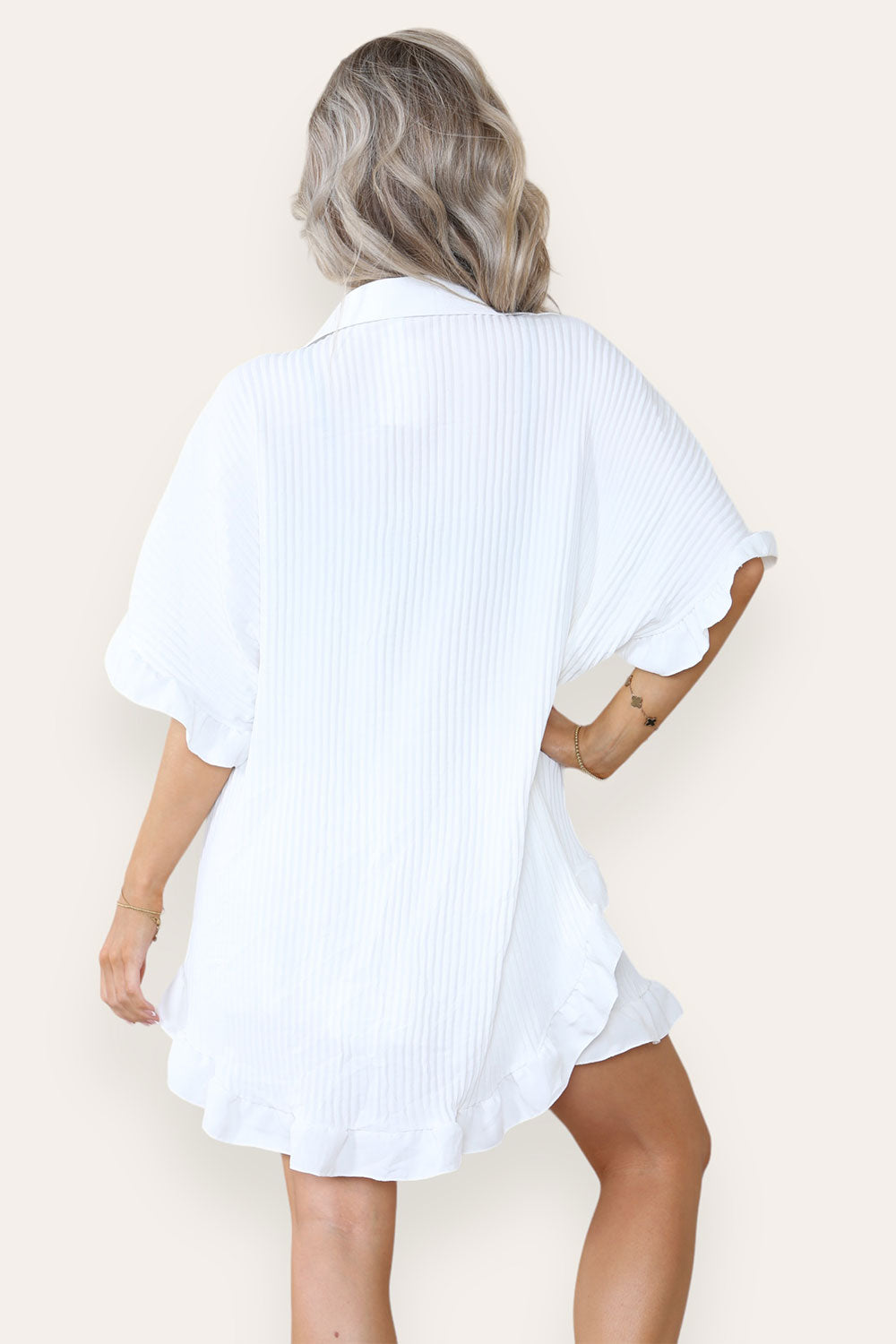 Women’s Casual Oversized Gold Button Pleated Frilled Ruffle Short Sleeves Shirt Top and Short Co-Ord Set